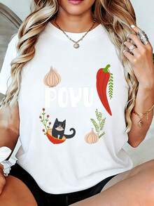 POYU Women's T-Shirt With Fun Cat, Garlic, And Chili Design - Short-Sleeve Food Illustration T-Shirt, Feminine Style, Soft Summer Casual Top With Eye-Catching Lettering And A Cute Black Cat Design, A Perfect Gift For Food Lovers And Animal Enthusiasts. Women's T-Shirts - 白色 - 查看 12