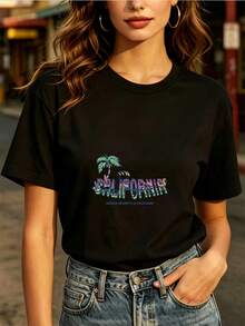 Camiseta de manga corta California Love de 180G - El regalo de verano perfecto para familiares y amigos, camiseta casual de cuello redondo, adecuada para celebraciones navideñas, ligera y cómoda, ideal para el uso diario. | Diseño exquisito |   Suelto y cómodo |   Fácil de combinar | - Negro - Ver 1