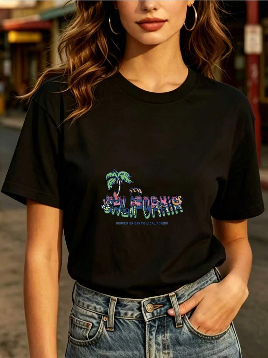 Camiseta de manga corta California Love de 180G - El regalo de verano perfecto para familiares y amigos, camiseta casual de cuello redondo, adecuada para celebraciones navideñas, ligera y cómoda, ideal para el uso diario. | Diseño exquisito |   Suelto y cómodo |   Fácil de combinar | - Negro - Ver 1