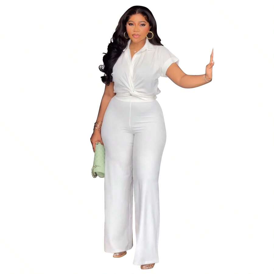 New Summer Collection Of Plus Size Women's Clothing, European And American Style, Two-Piece Set Consisting Of A Solid Color Short-Sleeved Shirt And High-Waisted Casual Pants. - 白色 - View 1