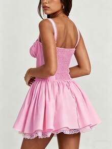 Women's Flower Embroidery Boho Mini Dress Backless Self-Tie Bowknot Square Neck Wide Straps Ruffle Mini Dresses Sleeveless Summer Vacation Short A-Line Dress - F1309-pink - View 4