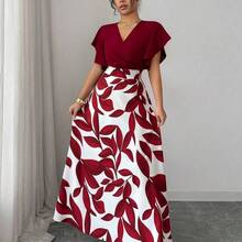 Vestido ajustado y acampanado con volantes y mangas de capa, con estampado de hojas de color rojo burdeos, para primavera/verano - Multicolor - Ver 4