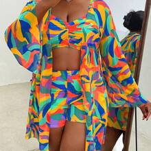 3pcs Plus Size Swimwear Set, Includes Swimwear, Cover-Up, Random Floral Print, Casual Summer Beach Outfit For Women - Multicolor - Ver 7