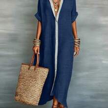 Women's Loose Turndown Collar Short Sleeve Cardigan Dress, Asymmetrical Hem Casual Vacation Dress, Suitable For Daily Commute And Dating Summer Elegant - Azul - Ver 1