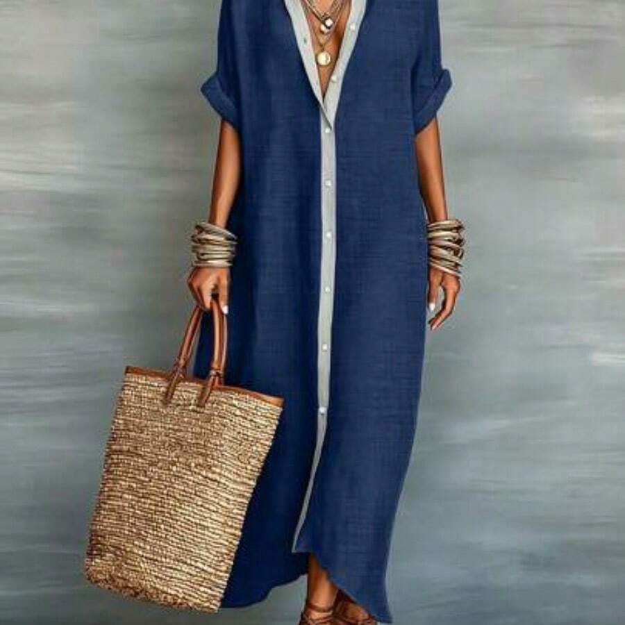 Women's Loose Turndown Collar Short Sleeve Cardigan Dress, Asymmetrical Hem Casual Vacation Dress, Suitable For Daily Commute And Dating Summer Elegant - Azul - Ver 1