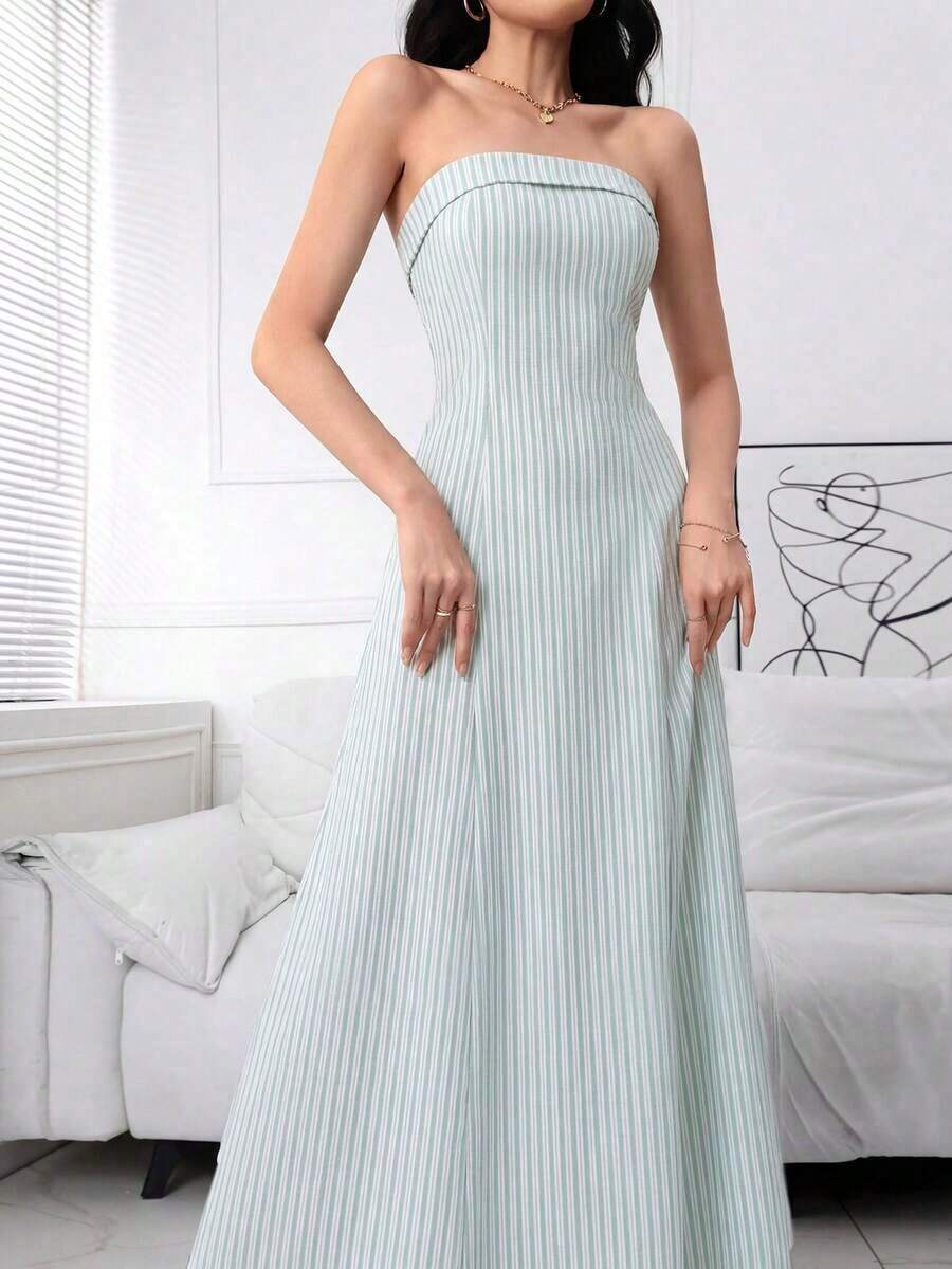 Vestido casual sin tirantes de mujer con rayas y cintura ajustada, para el verano - Verde - Ver 1