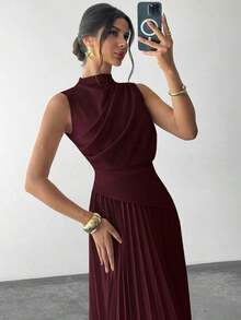 Vestido de línea A con cuello de swing sin mangas y volantes, falda paraguas, para volver al colegio, ropa escolar, fiesta, estilo de mujer de dinero antiguo, atuendos para salir, atuendos de fiesta para mujer, atuendos de oficina para mujer, fald - Burdeos - Ver 2