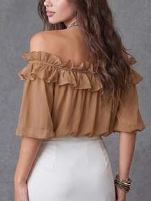 1 buah Blus Wanita Warna Polos Baru Bahan Chiffon Lengan Mengembang Model Bahu Terbuka, Trim Ruffle Berlipit, Pakaian Kasual untuk Liburan, Pesta Pantai, Sehari-hari, Musim Semi/Panas - Mocha Brown - View 5
