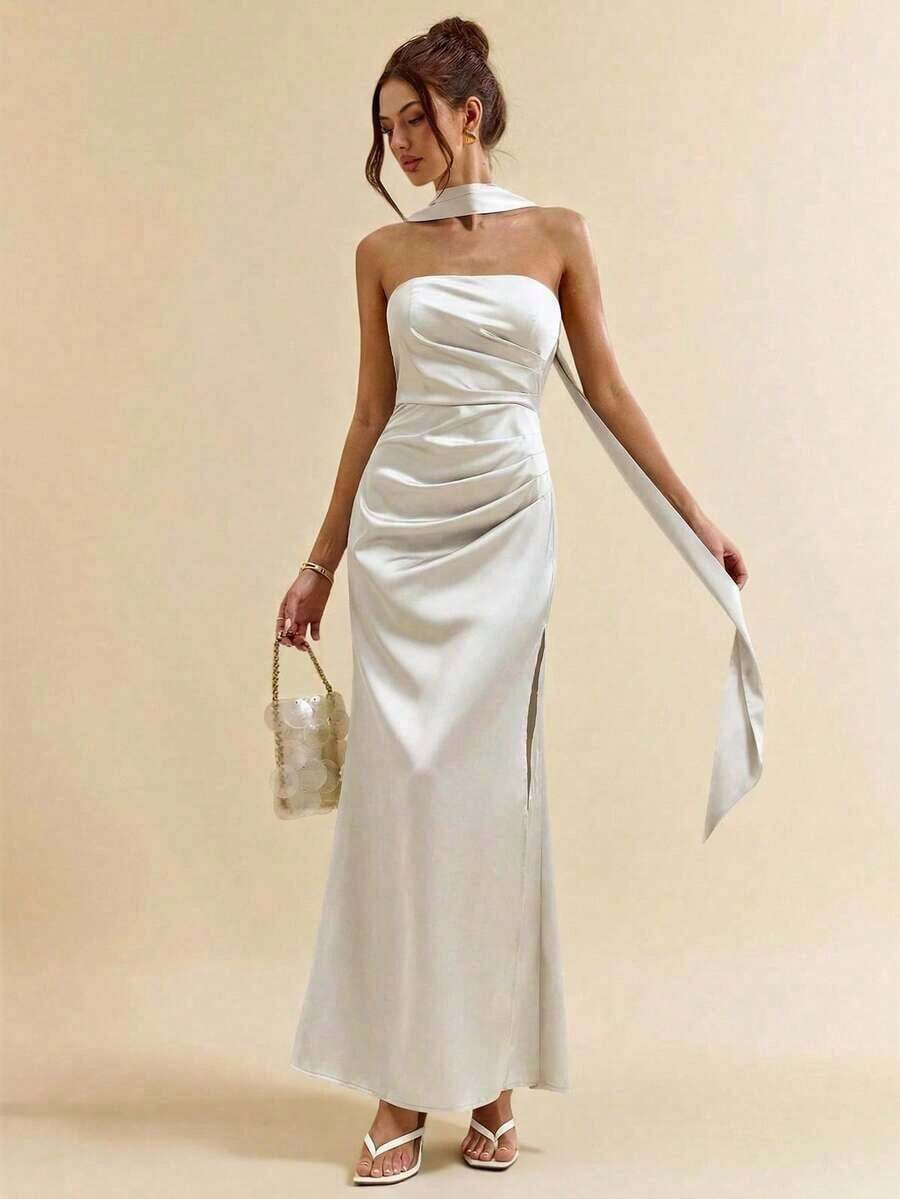 Vestido de satén elegante de sirena con abertura alta, espalda descubierta y cuello de halter en color verde, vestido de dama de honor, vestido de satén, vestido sexy, atuendo de invitado de boda, primavera/verano - Albaricoque - Ver 1