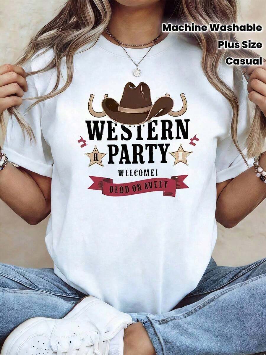 Playera minimalista moderna para fiesta temática western, con estampado de sombrero de vaquero y herradura, camiseta de talla grande para mujer, primavera-verano. Adecuada para acampadas al aire libre, estilo callejero único, top de manga corta para uso diario.