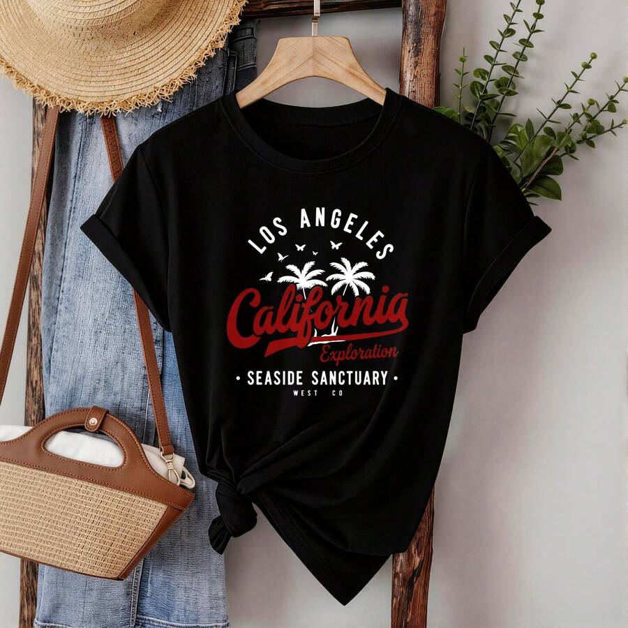Sweet T-Shirts For Women Adorable Graphic Print Los Angeles Exploration California Coastal Sanctuary Breathable Casual School Wear | Teen Top - 黑色 - 查看 1