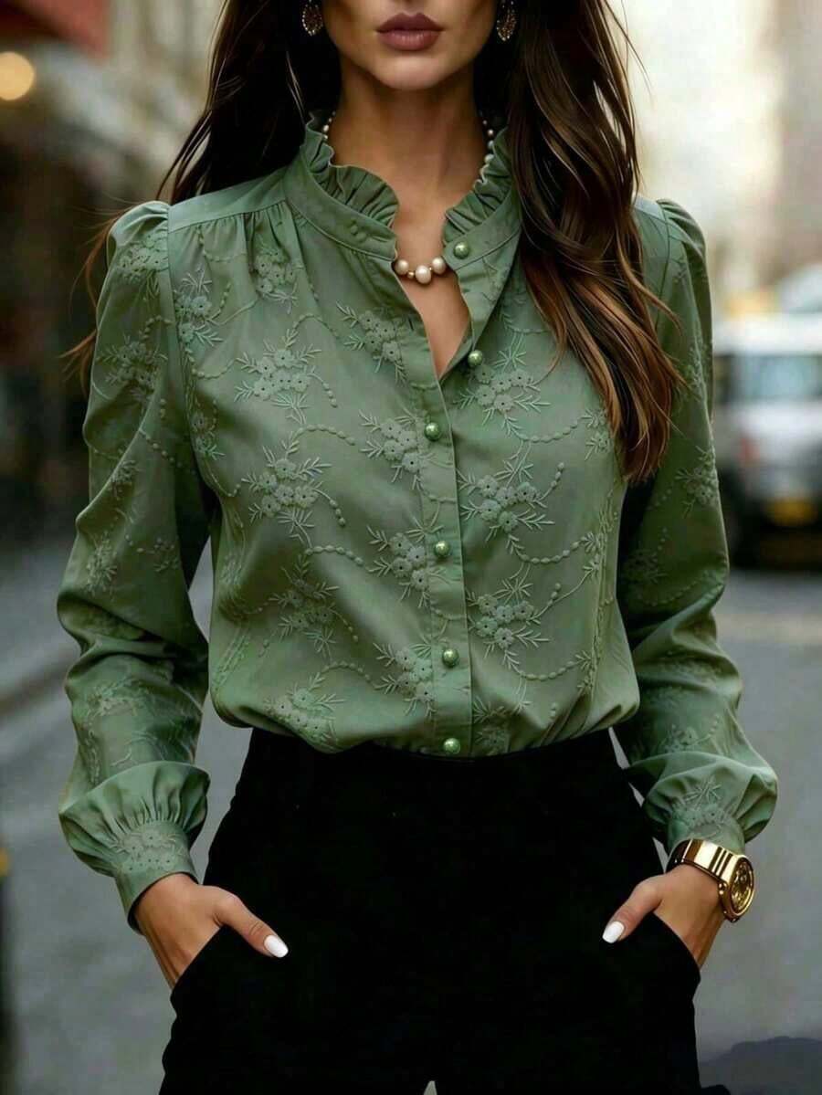 Camisa de manga larga para mujer con unicolor y cuello bordado con flores - Camisa casual y de negocios de moda, adecuada para la oficina, el trabajo, el hogar y todo el año, primavera/verano/otoño/invierno - Verde Oscuro - Ver 1