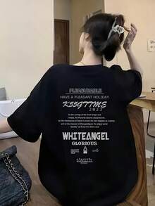 Women's Short Sleeve T-Shirt, Summer Design, Slim Fit, Cartoon Print, Short Sleeve T-Shirt, Sheer Short Sleeve T-Shirt, Top, Undershirt #3333 - 黑色 - 查看 1