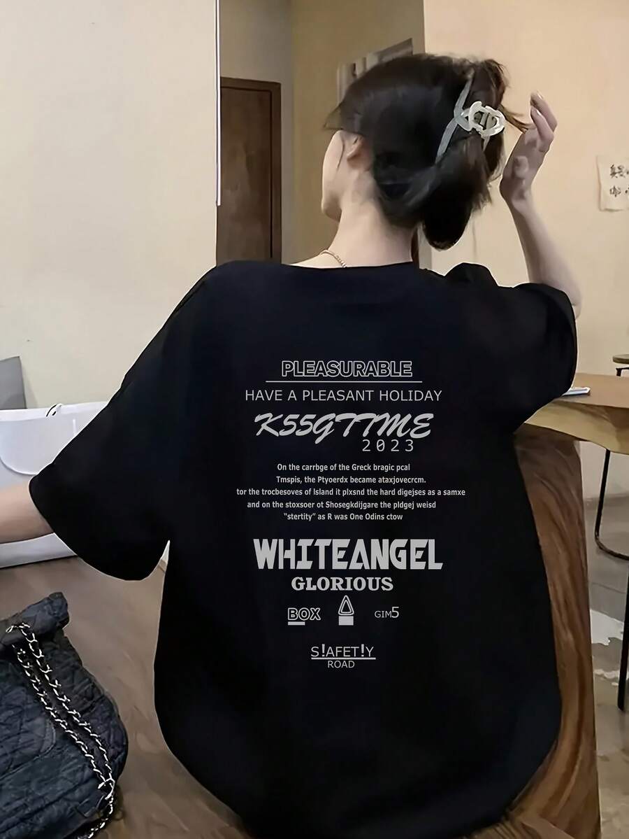 Women's Short Sleeve T-Shirt, Summer Design, Slim Fit, Cartoon Print, Short Sleeve T-Shirt, Sheer Short Sleeve T-Shirt, Top, Undershirt #3333 - 黑色 - 查看 1