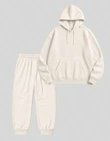 Women's Sweatshirt And Jogger Pants Set - Plain Old Money Style - Basic Chic Everyday Wear - Cream - View 2