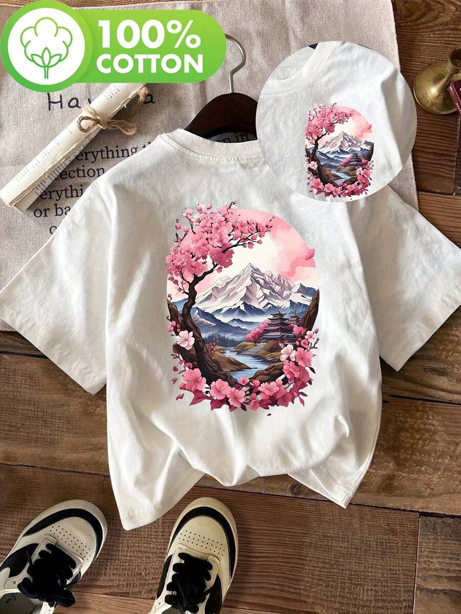 Women's Vintage T-Shirt With Japanese Print - Cherry Blossom And Mountain Landscape Design, Short Sleeve And Round Neck, Semi-Transparent Casual Top For Spring And Summer, Artistic Shirt In Breathable Fabric - [白色的] - 查看 1
