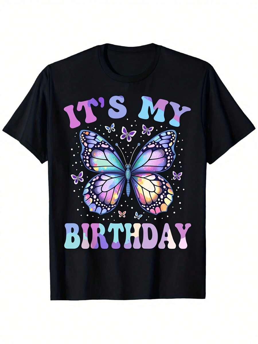 Camiseta de hombre "Mi Cumpleaños" - Negra, de manga corta y cuello redondo, con diseño de mariposa arcoíris y número de cumpleaños - Corte deportivo, ropa transpirable para celebrar el cumpleaños, adecuada para uso casual o como regalo - Textura suave - Negro - Ver 1