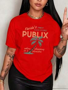 100% Cotton. Palm Tree With The Text "Florida's Finest Food Stores Publix Where Shopping Is A Pleasure". Women's 100% Cotton T-Shirt, Soft And Comfortable For Everyday Wear, Perfect For A Fresh And Fun Casual Look. Women's Simple Solid Color T-Shirt, Loose And Slim Fit Casual Short Sleeve - 紅色的 - 查看 8