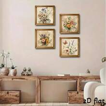 4pcs/Set Vintage Wooden Floral Decor Set, Suitable For Living Room, Kitchen, Bedroom, Wall Art Hanging, No Electricity Required, 2D - Multicolor-sawtooth Hook - View 1