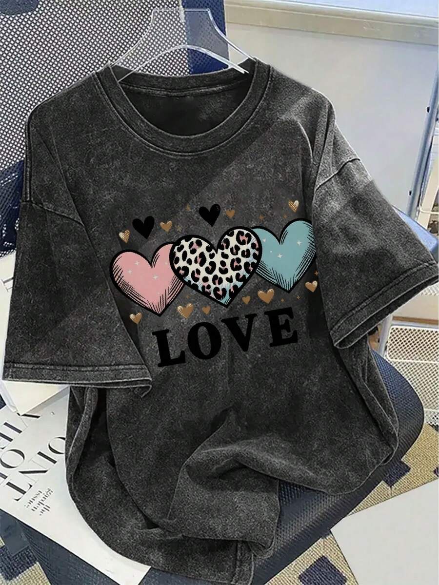 1 Women's Short Sleeve T-Shirt, Pure Cotton, Vintage Wash, With Creative And Exquisite Patterns, Leopard Heart Print, LOVE Print, Modern And Fashionable, Suitable For Daily Wear, With Soft Touch Fabric, A Beautiful Gift For Summer. - Black - View 1
