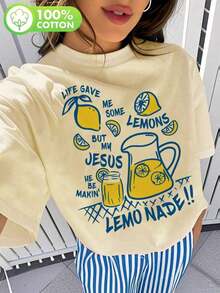 Women's Summer Casual T-Shirt; Lemonade Design Print; Printing Technology/Women's Casual T-Shirt/ Short Sleeve T-Shirt With Jesus And Christianity Print: Life Gives Me Some Lemons, But My Jesus Makes Me Feel Comfortable. - 杏色 - 查看 12