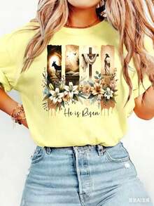 Easter Gift Women's Elegant Style Short Sleeve Easter Religious Theme Printed Pattern Round Neck Women's Comfortable Soft Breathable New Spring Summer - 黃色 - 查看 13
