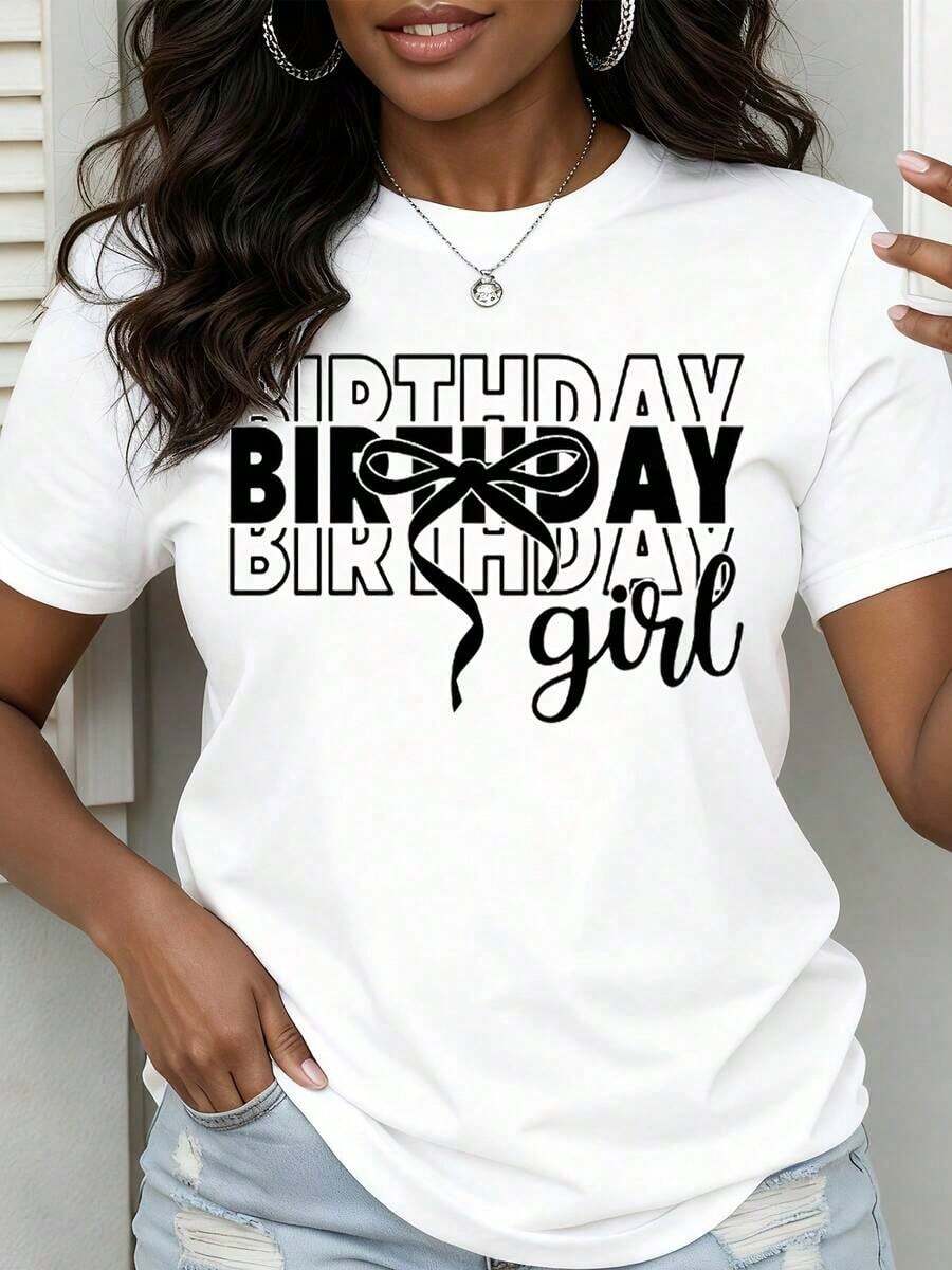 Women's Crew Neck T-Shirt With Birthday Print, Casual Style For Everyday Wear - Vintage Urban Style, Unisex, Loose Fit, Cotton, Short Sleeve, 100% Pure Cotton - 白色 - 查看 1