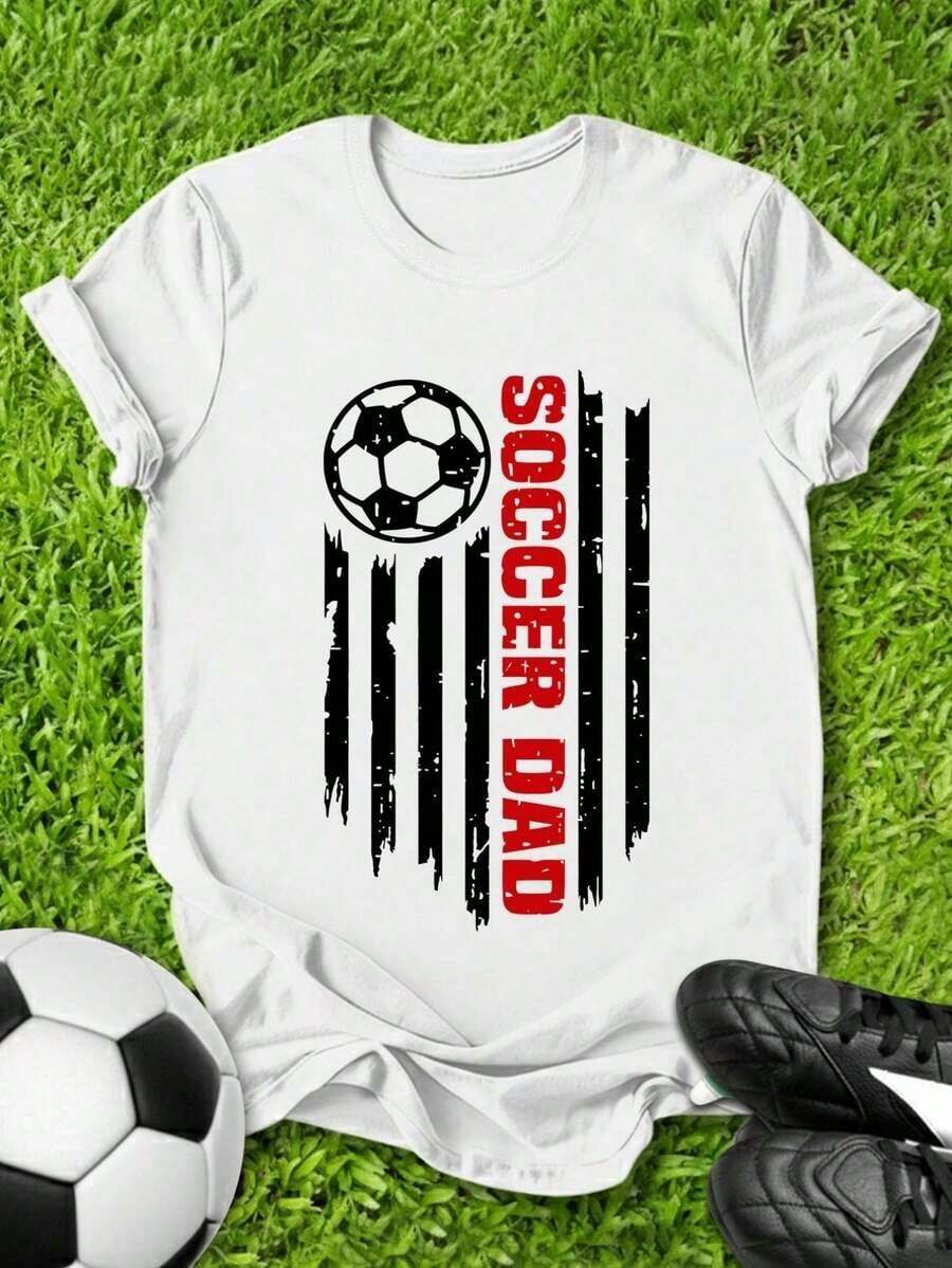 Women's Casual Soccer Print T-Shirt, Round Neck, Applique Details, Regular Fit, Short Sleeve. Suitable As A Gift. Women's T-Shirt. Elegant Blouses. Boho Chic. Soft, Breathable, And Comfortable Women's Top, Ideal For Spring, Summer, And Autumn, Perfect For Vacations, Travel, And Everyday Wear. - 白色的 - 查看 1