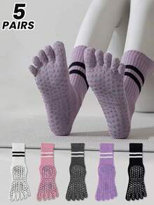 1/3/5 pares de calcetines de yoga con cinco dedos, calcetines profesionales antideslizantes para mujeres para pilates, nuevos calcetines antideslizantes, aptos para todas las estaciones, hasta el tobillo - Multicolor - Ver 1
