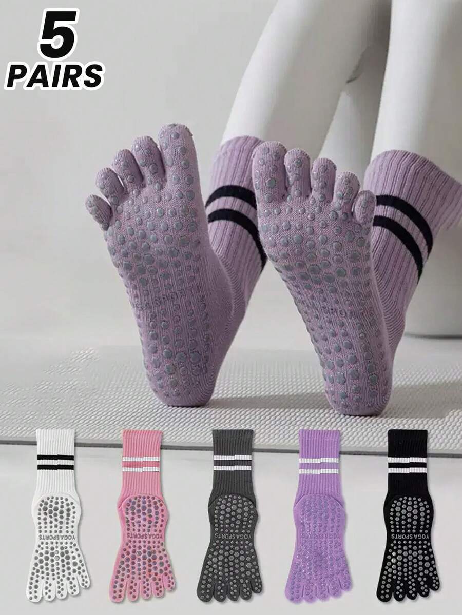 1/3/5 pares de calcetines de yoga con cinco dedos, calcetines profesionales antideslizantes para mujeres para pilates, nuevos calcetines antideslizantes, aptos para todas las estaciones, hasta el tobillo - Multicolor - Ver 1