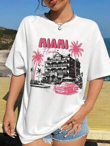 Nueva camiseta blanca de manga corta, corte holgado y cuello redondo para mujer, estilo primavera/verano, con estampado de letras y cocoteros, adecuada para mujeres, top de moda casual y versátil, perfecta para atuendos informales. Alta calidad. - Blanco - Ver 2