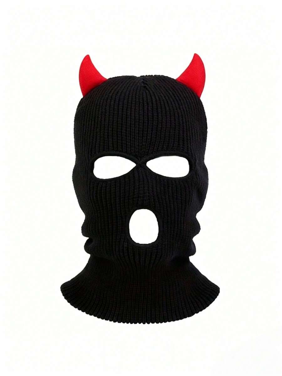 1pc Men's Knitted Beanie Hat With Horn Holes, Balaclava Style Outdoor Casual Cap, Windproof & Warm For Spring/Autumn Travel - Black and Red - View 1