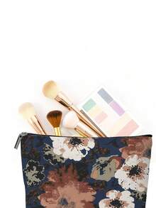 1 Pc Mixed Floral Orchid Mushroom And Hummingbird Print Cosmetic Bag Vintage Retro Style Linen Rectangular Zippered Makeup Pouch Portable Multi Purpose Toiletry Bag For Daily Travel And Autumn Season - Multicolor - View 6