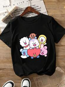 2026Camiseta Casual de Manga Corta para Mujer - Estampado Divertido de Oso y Conejo, Gris Jaspeado, Elasticidad Media, Lavable a Máquina, Confort para Todas las Estaciones, Ropa para Todo el Año, Camiseta con Diseño Juguetón, Ajuste Cómodo2026 - Negro - Ver 10
