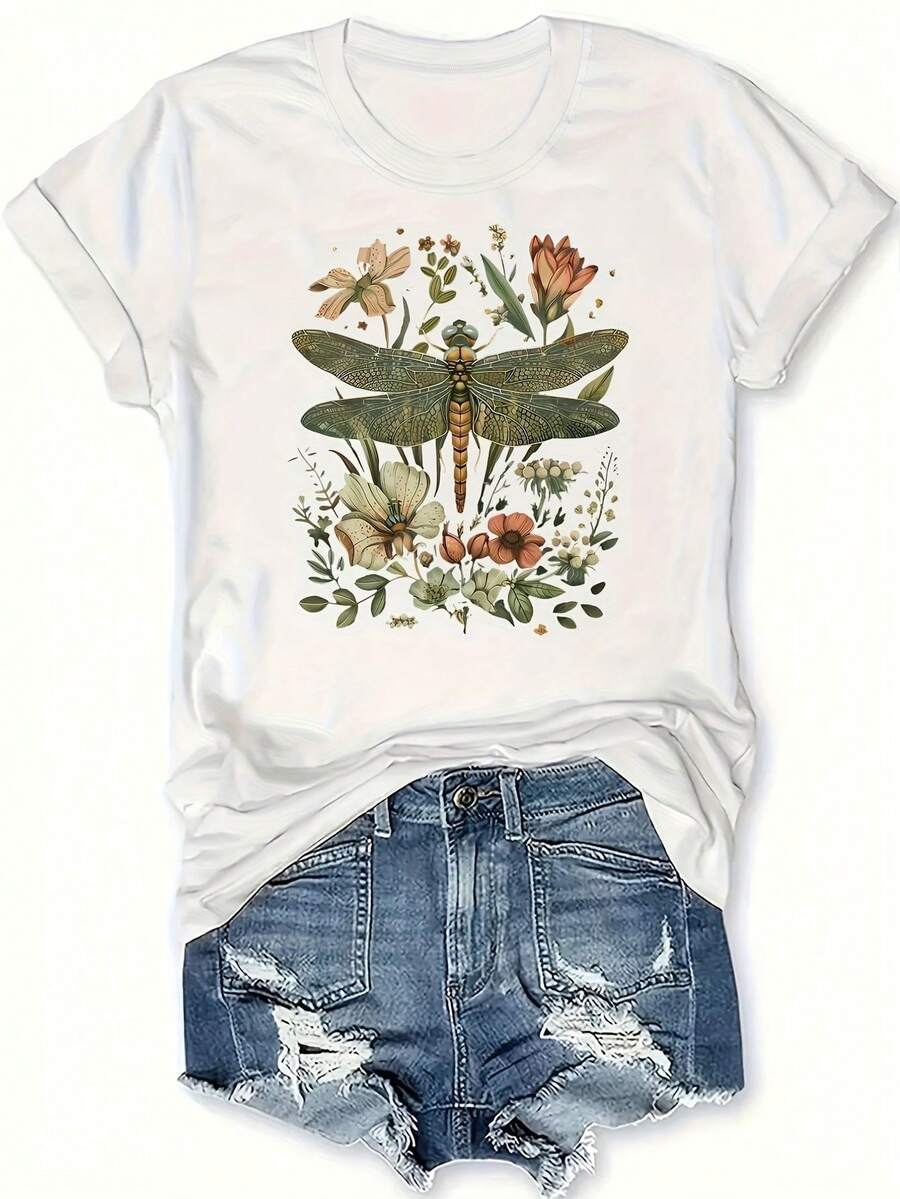 Camiseta de Mujer con Estampado Floral y Bohemio, Manga Corta Casual - Ideal para Primavera y Verano, Cuello Redondo, Opción Perfecta - Blanco - Ver 1