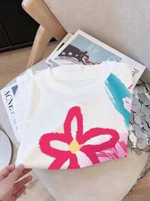 Camiseta holgada de cuello redondo con estampado floral de dopamina colorido Y2K para mujer de talla grande - Blanco - Ver 3