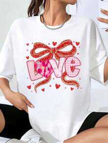 Women's Oversized T-Shirt With Heart And Bow Print, Casual Top For Valentine's Day, Fashion Graphic Tee - 白色 - 查看 1