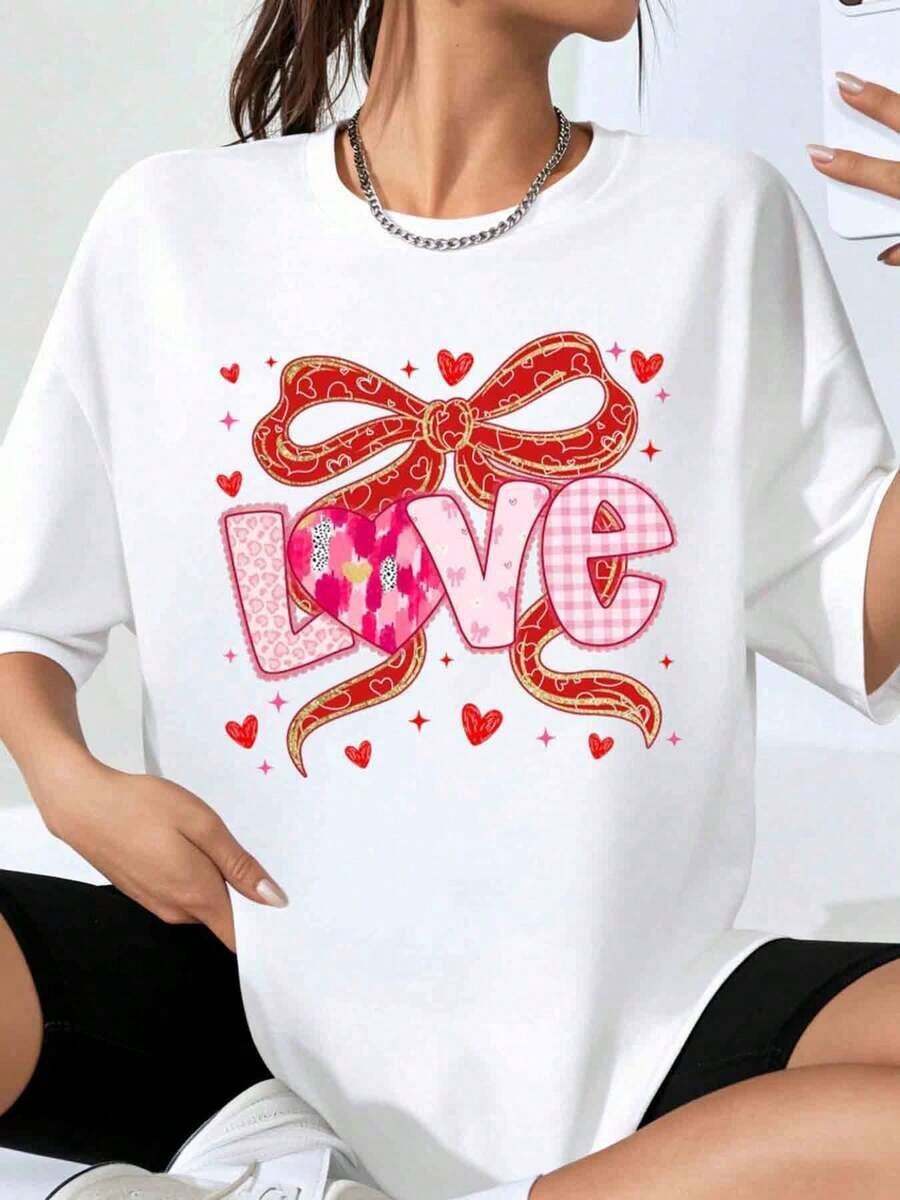 Women's Oversized T-Shirt With Heart And Bow Print, Casual Top For Valentine's Day, Fashion Graphic Tee - 白色 - 查看 1