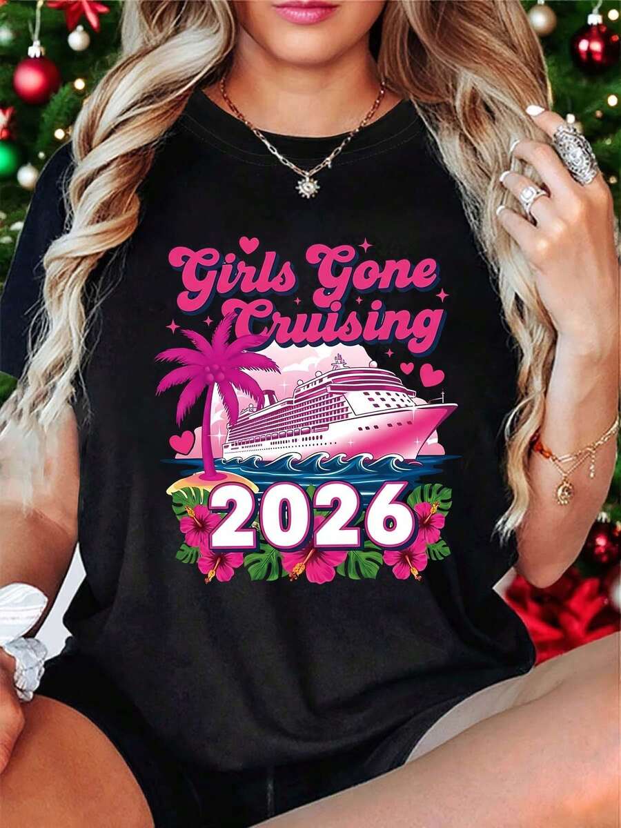 Camiseta de manga corta para mujer de talla grande con estampado de corazones y palmeras, perfecta para salidas.Esta cómoda y elegante camiseta estampada está diseñada para mujeres de talla grande, lo que la hace perfecta para salidas informales y uso diario durante todo el año. - Negro - Ver 1