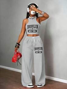 BROOKLYN Letter Print Light Grey Sports Vest & Wide Leg Sports Pants Spring Summer Set - 彩色 - 查看 2