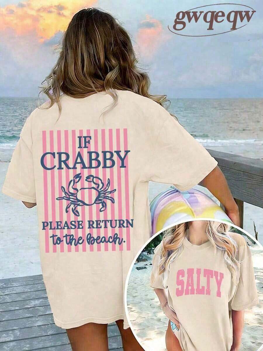 Women's Graphic T-Shirt "If You're Grumpy, Please Go Back To The Beach" With Salty Print, 100% Cotton, Double-Sided Print, Casual Summer Style, Plus Size | Summer Clothes | Vacation Clothes - Women's World Cup Print T-Shirt, 100% Cotton, Short Sleeve, Crew Neck, Casual Style - 杏色 - 查看 1