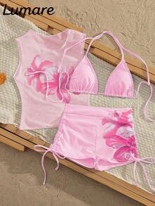 Conjunto de bikini de 3 piezas/set: Top halter casual y sexy con cubierta de malla floral transparente, Bottom de traje de baño con lazos laterales, tela con estiramiento moderado, adecuado para vacaciones, playa, actividades en la piscina, fiestas en la playa, vacaciones de verano - Multicolor 6 - Ver 5