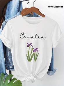 Women's T-Shirt 2026 With Croatian Iris Print, Short Sleeve, Round Neck, Casual Spring And Summer Wear, Perfect For Everyday Outings And As A Festive Gift. - 白色 - 查看 2