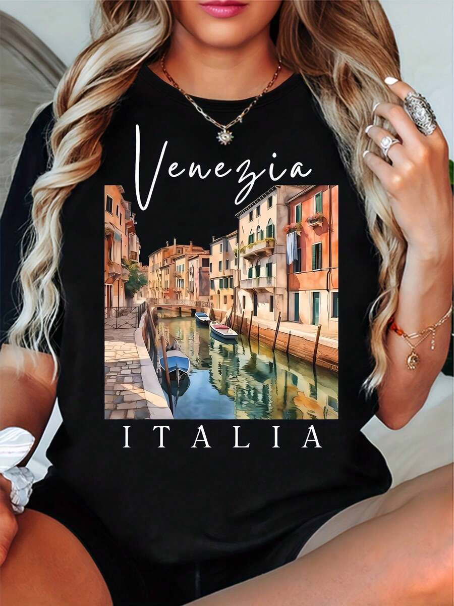 Women's Casual Summer T-Shirt - Venice, Italy Canal Scene Print, White, Crew Neck, Breathable With Medium Elasticity, Machine Washable, Travel Inspired, Travel Wear, Travel Inspired Design, Non-See-Through Fabric - 黑色 - 查看 1