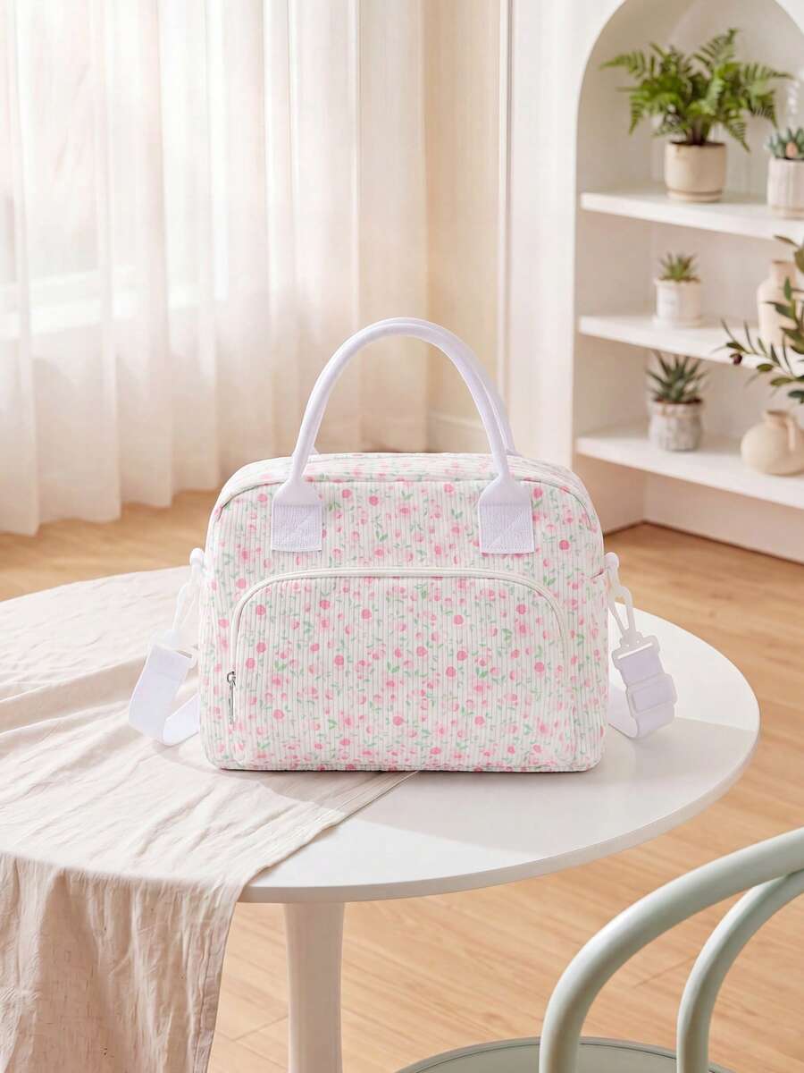 1pc Portable Corduroy Insulated Lunch Bag, Print Lunch Box,Reusable Adjustable Strap, Large Capacity Cooler Bag, Waterproof Thermal Bento Box For Work, School, Picnic, Camping Outdoor Picnic Bag Lunch Bag For Women School Supplies Camping Essentials - 粉紅玫瑰 - 查看 1