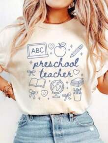 1 Piece Of Women's Casual Short-Sleeved T-Shirt For Daily And Sports Use, With Preschool Teacher And School Supplies Print, Suitable For Holidays, 180g, 100% Cotton. - 白色 - 查看 1