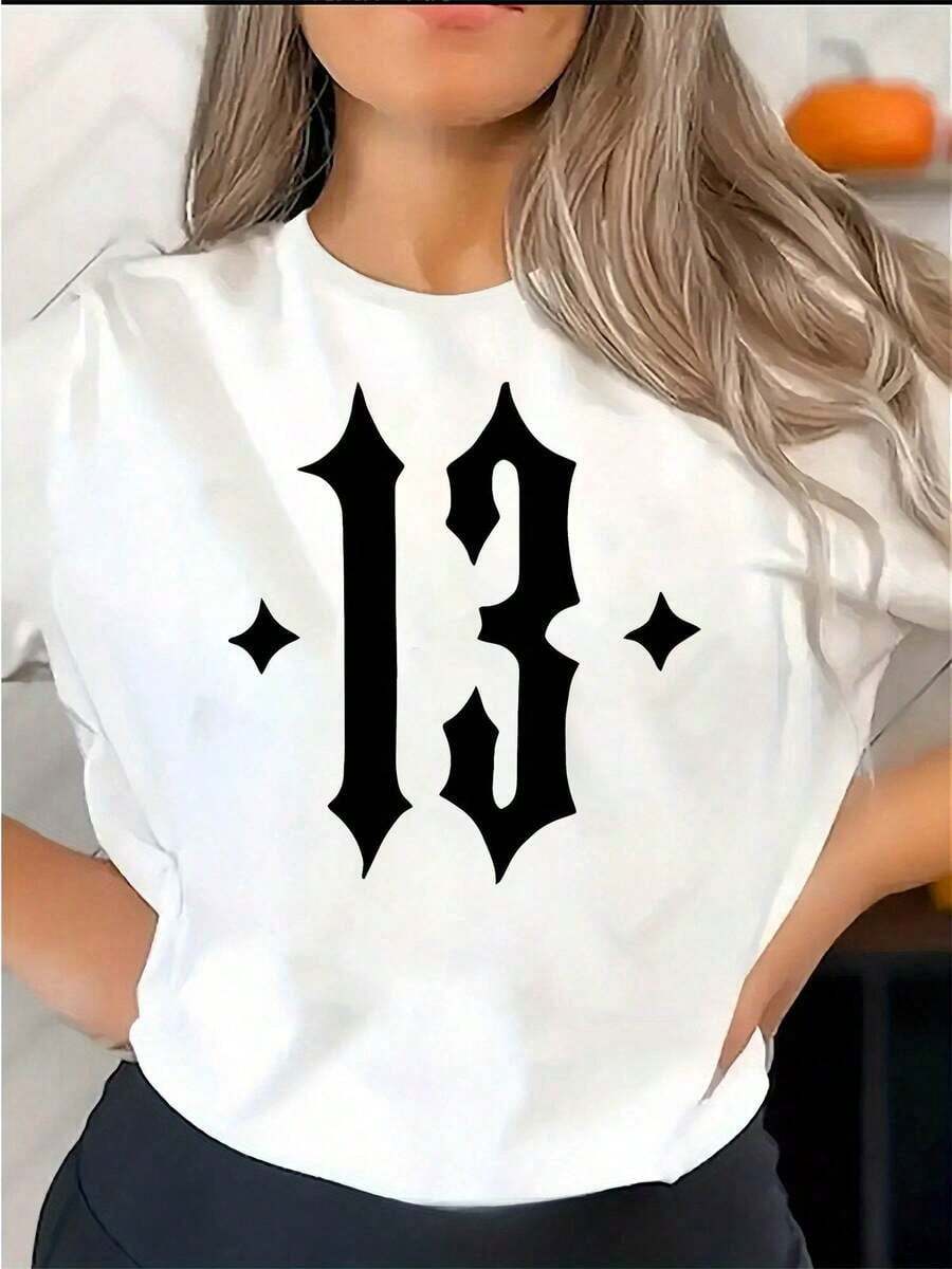 Ropa de Verano Moderna y Minimalista para Mujer, Caliente, Camiseta Casual de Manga Corta para Mujer con Estampado Gráfico de Números en Relieve, Top de Cuello Redondo con Patrón Geométrico - Tela, Comodidad para Todas las Temporadas para Atuendo Casual y Deportivo, Ropa de Ocio, Diseño, Tela No Transparente, Funda Protectora para Teléfono, Camiseta Gráfica Casual para el Día a Día - Blanco - Ver 1