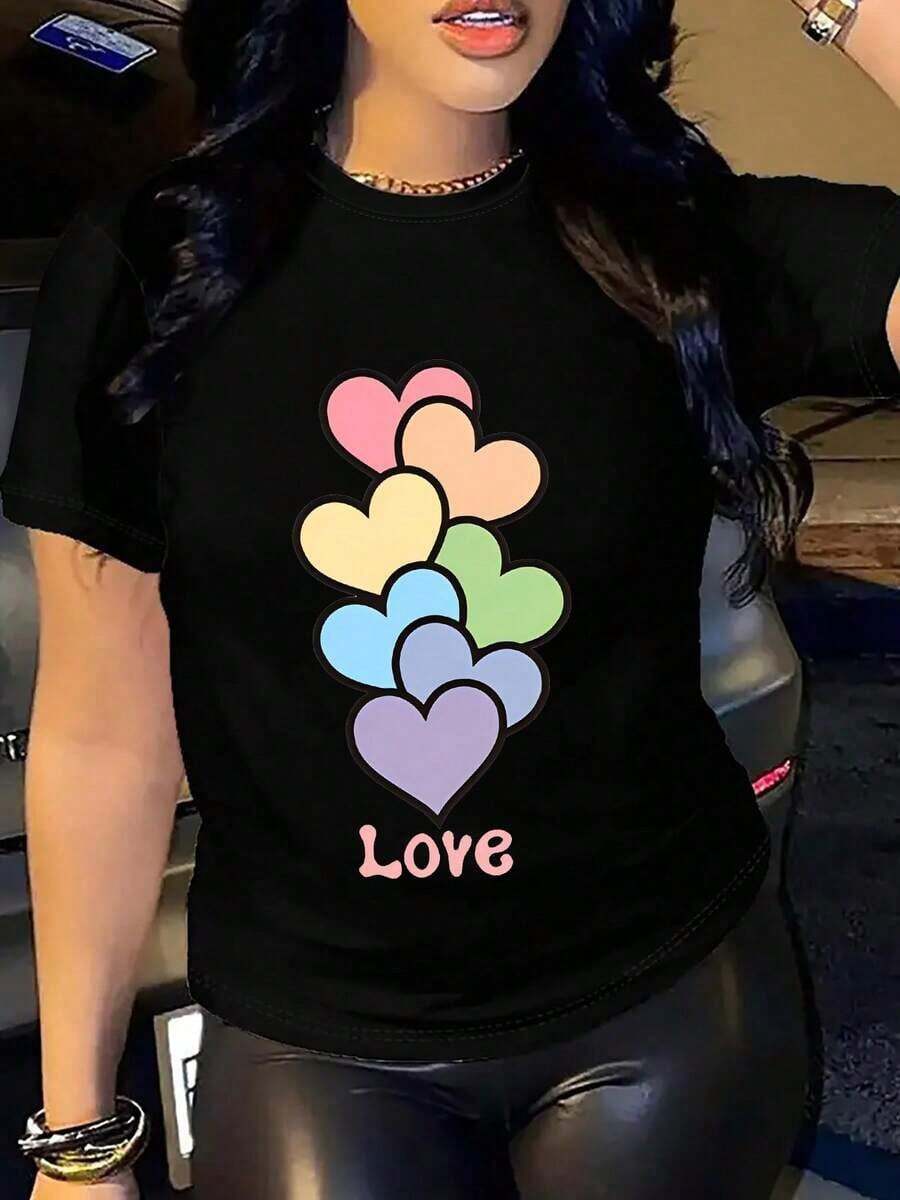 Women's Casual Short-Sleeve Sports T-Shirt - Breathable Fabric With Colorful Heart Print And Love Text, Round Neck, Regular Fit For Spring/Summer Casual Wear, Ladies' T-Shirts, Comfortable Cotton T-Shirt, Ideal Gift - 黑色 - 查看 1