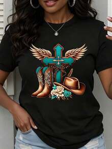 Women's Round Neck T-Shirt With Western Cross Print Featuring Wings, Cowboy Boots, Hat And Flowers, Short Sleeve, Casual Wear For Daily Outings And Country Style Events, Casual Blouses For Ladies. - 黑色 - 查看 7