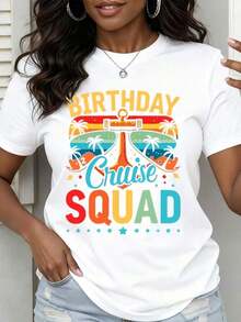 Camiseta estampada para mujer con temática de cumpleaños, cuello redondo, estampado colorido de Cruise Squad con diseño de palmeras y gafas de sol para vacaciones, fiestas y salidas. Playera para verano. - Blanco - Ver 1